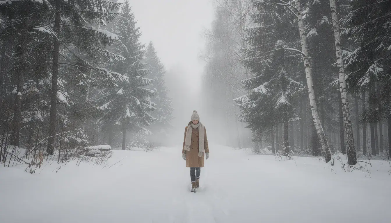 A person is peacefully walking along a snowy forest path, surrounded by tall trees blanketed in white snow, embodying a moment of mindfulness and self care in recovery. This serene scene highlights the importance of connecting with nature for mental and physical health, promoting emotional well-being and personal growth.